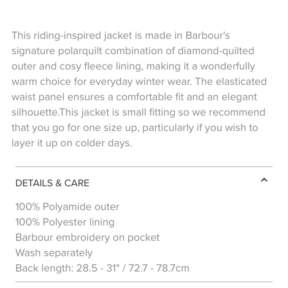 Sizing for Barbour Jacket